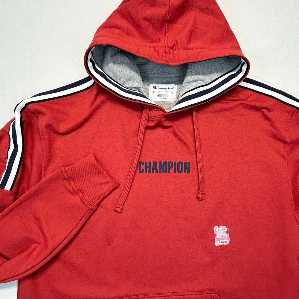 Champion Hoodie Mens XL Red Sweatshirt Stripe Trim Spellout Logo Kangaroo Pouch